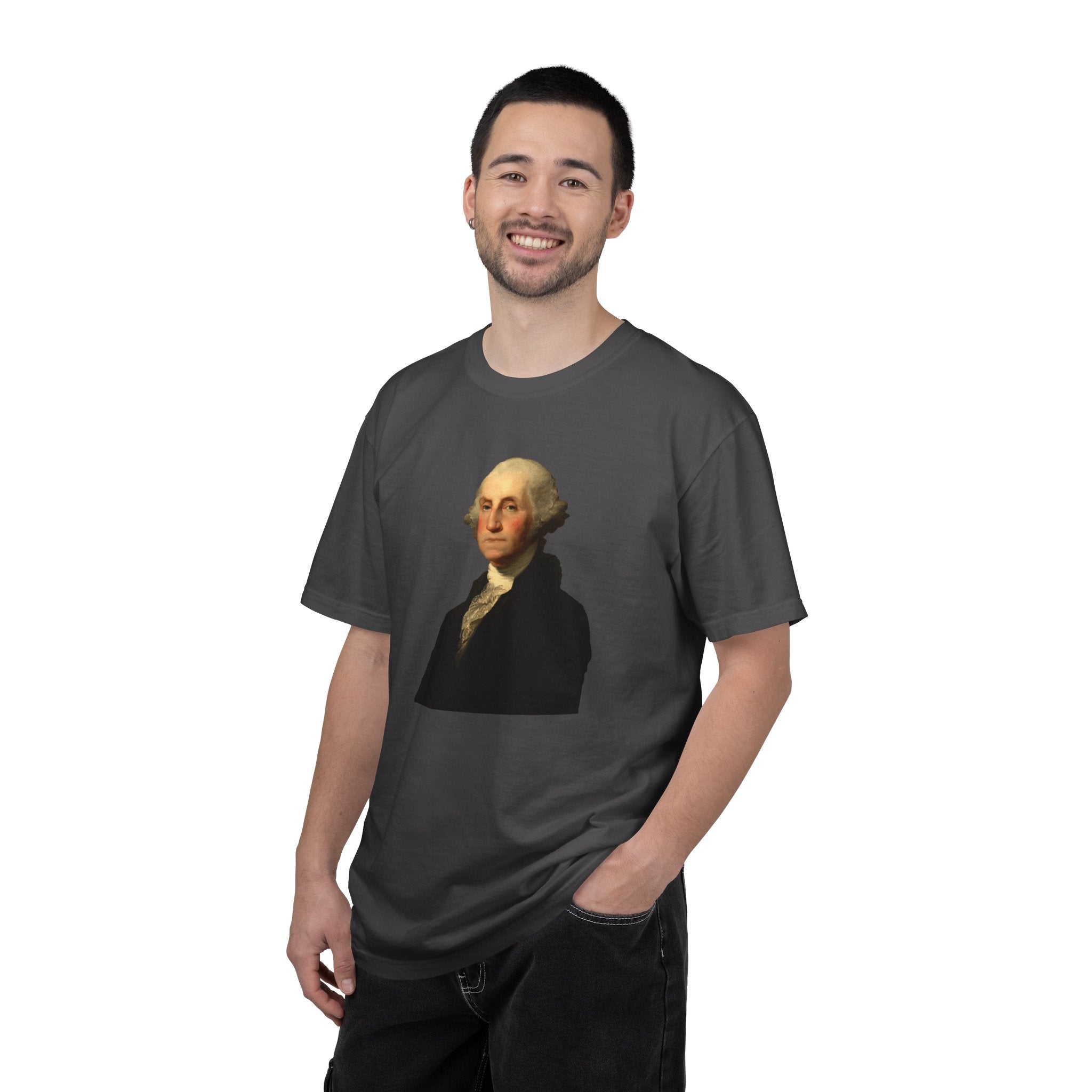 Man wearing George Washington patriotic t-shirt in graphite