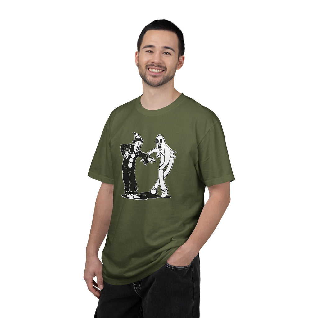 Person wearing Koko the Clown Dancing Ghost meme t-shirt in hemp