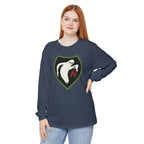 Woman wearing Ghost Army patriotic long sleeve t-shirt in midnight