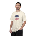 Man wearing an Ivory Comfort Colors t-shirt with an America 250 design with text 'America 250 Welcome to the Golden Age'