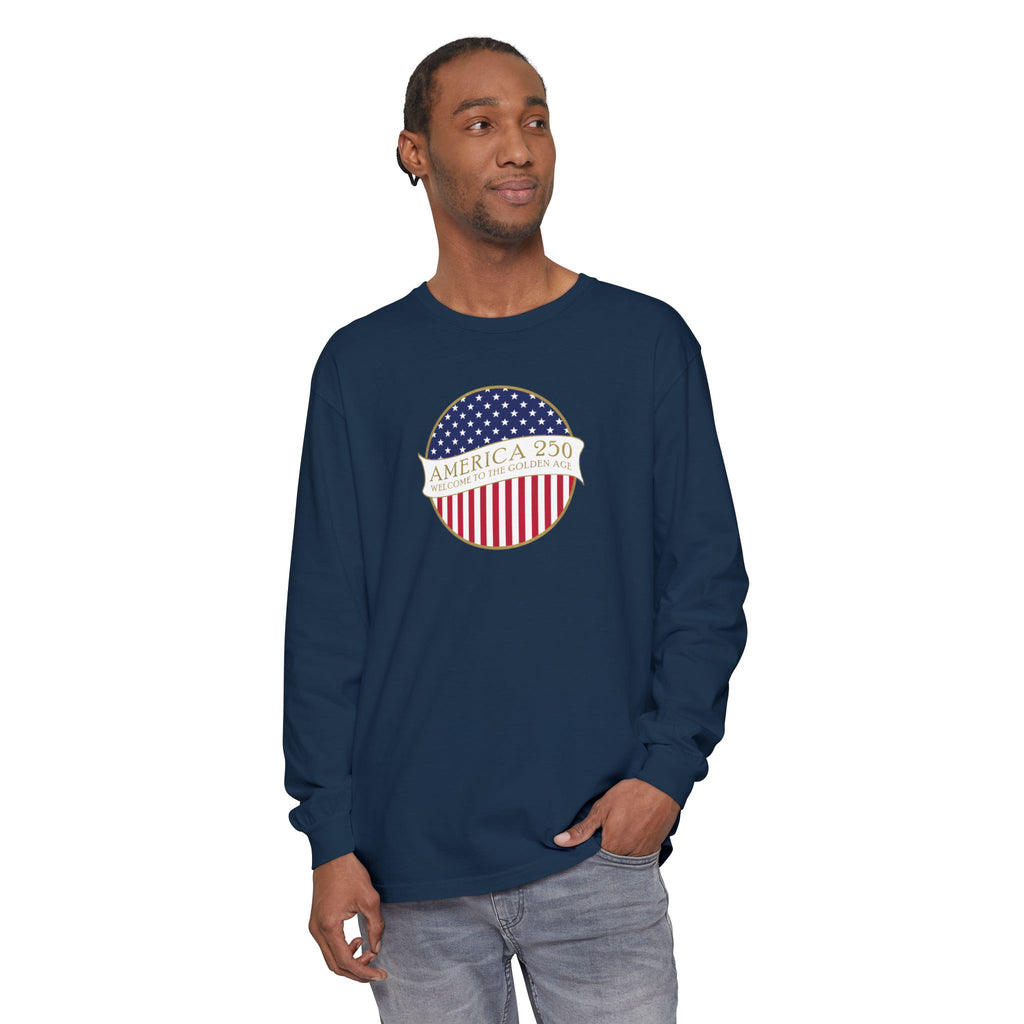 Man wearing a long sleeve True Navy Comfort Colors t-shirt with America 250 design