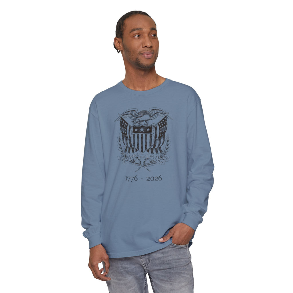 Man wearing a Blue Jean long sleeve United We Stand eagle t-shirt