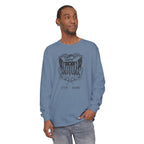 Man wearing a Blue Jean long sleeve United We Stand eagle t-shirt