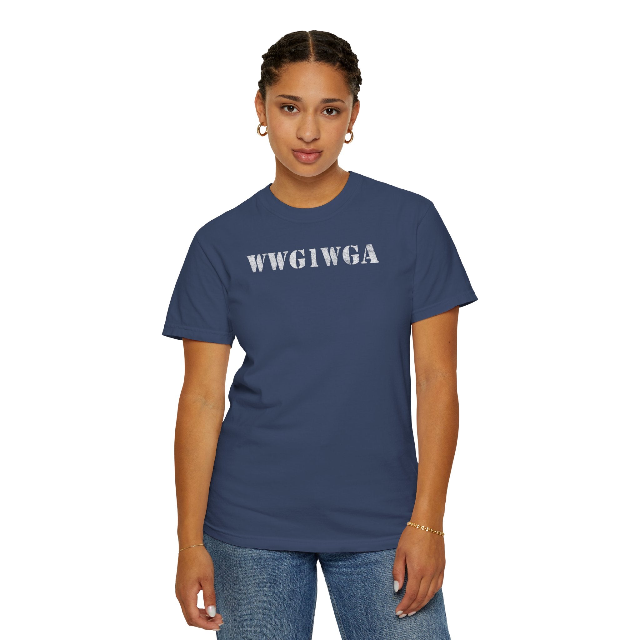 Woman wearing 'WWG1WGA' stenciled t-shirt in China Blue