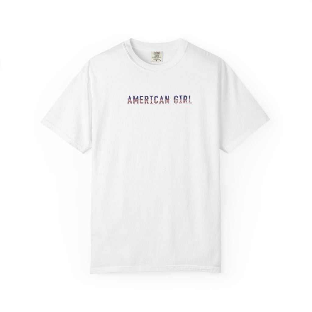 White t-shirt with 'American Girl' in patriotic stars & stripes text