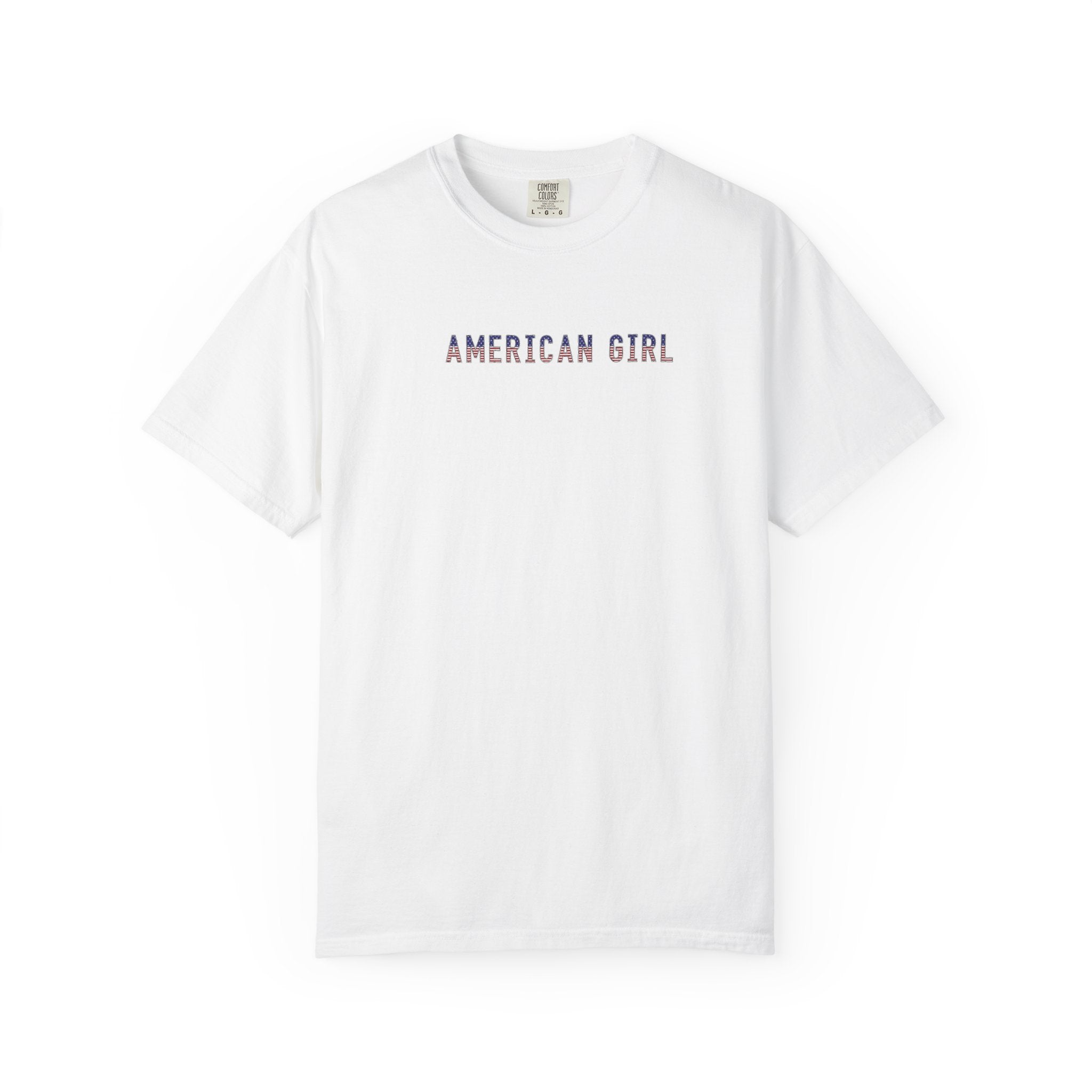 White t-shirt with 'American Girl' in patriotic stars & stripes text