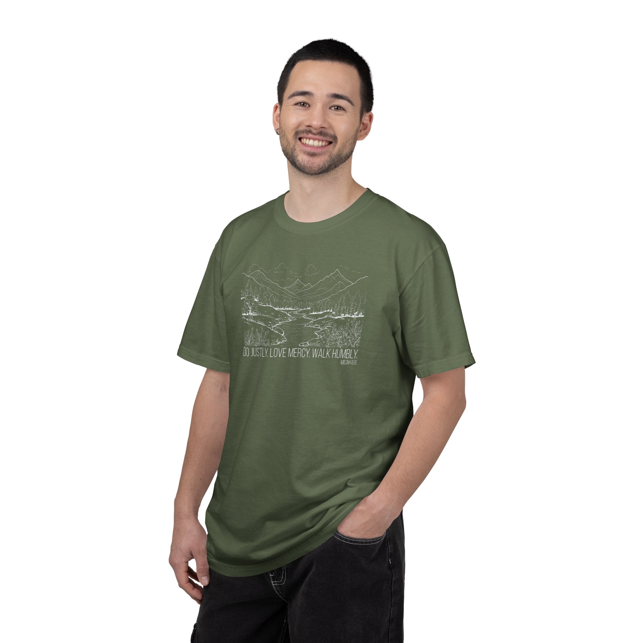 Smiling man wearing Micah 6:8 Christian t-shirt in sage