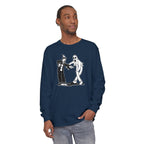 Man wearing Koko the Clown and Dancing Ghost long sleeve t-shirt in true navy