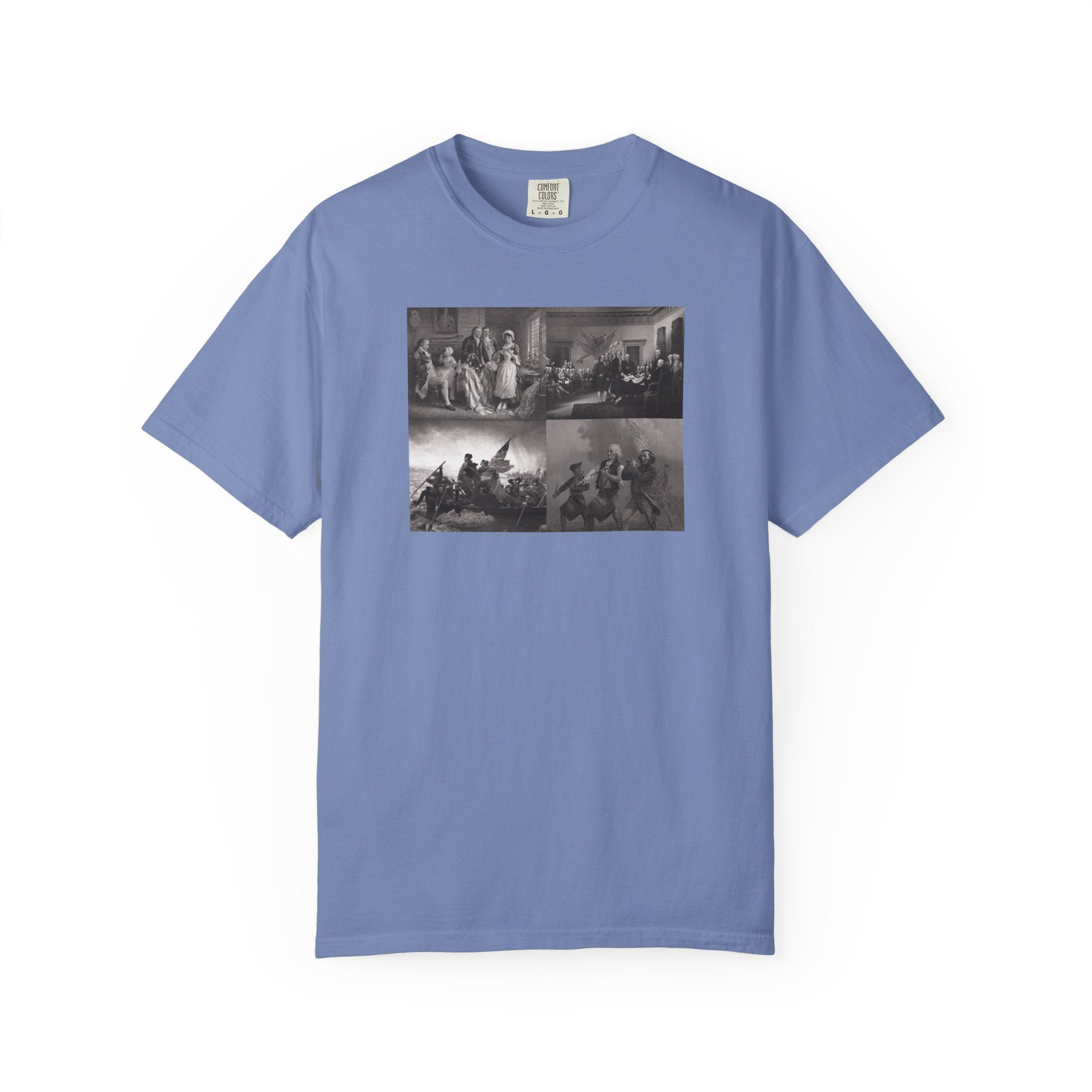 Washed Denim Comfort Colors t-shirt printed with a montage of four revolutionary war era paintings
