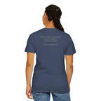 Back view of woman wearing Thomas Jefferson tee with 'God Gave Us Life Gave Us Liberty' quote, midnight