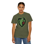 Female model wearing Apu Ghost Army meme t-shirt in hemp