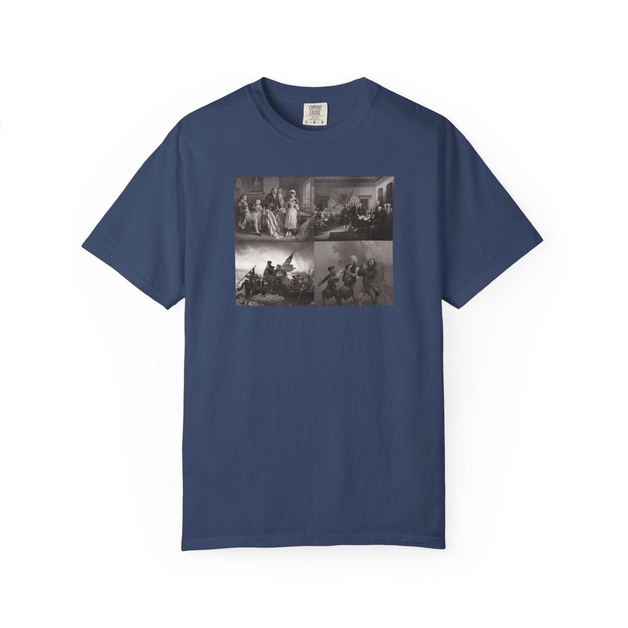 China Blue Comfort Colors t-shirt printed with a montage of four revolutionary war era paintings