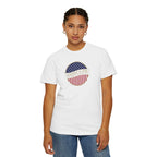 Woman wearing a White Comfort Colors t-shirt with an America 250 design with text 'America 250 Welcome to the Golden Age'