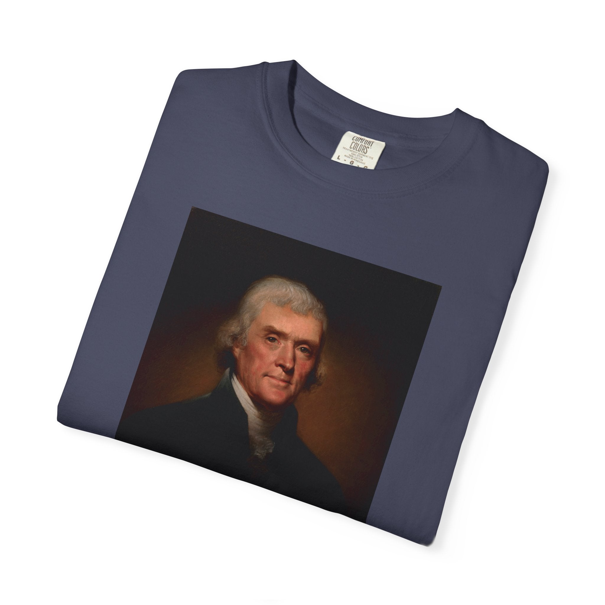Folded Thomas Jefferson Founders Collection portrait t-shirt in denim