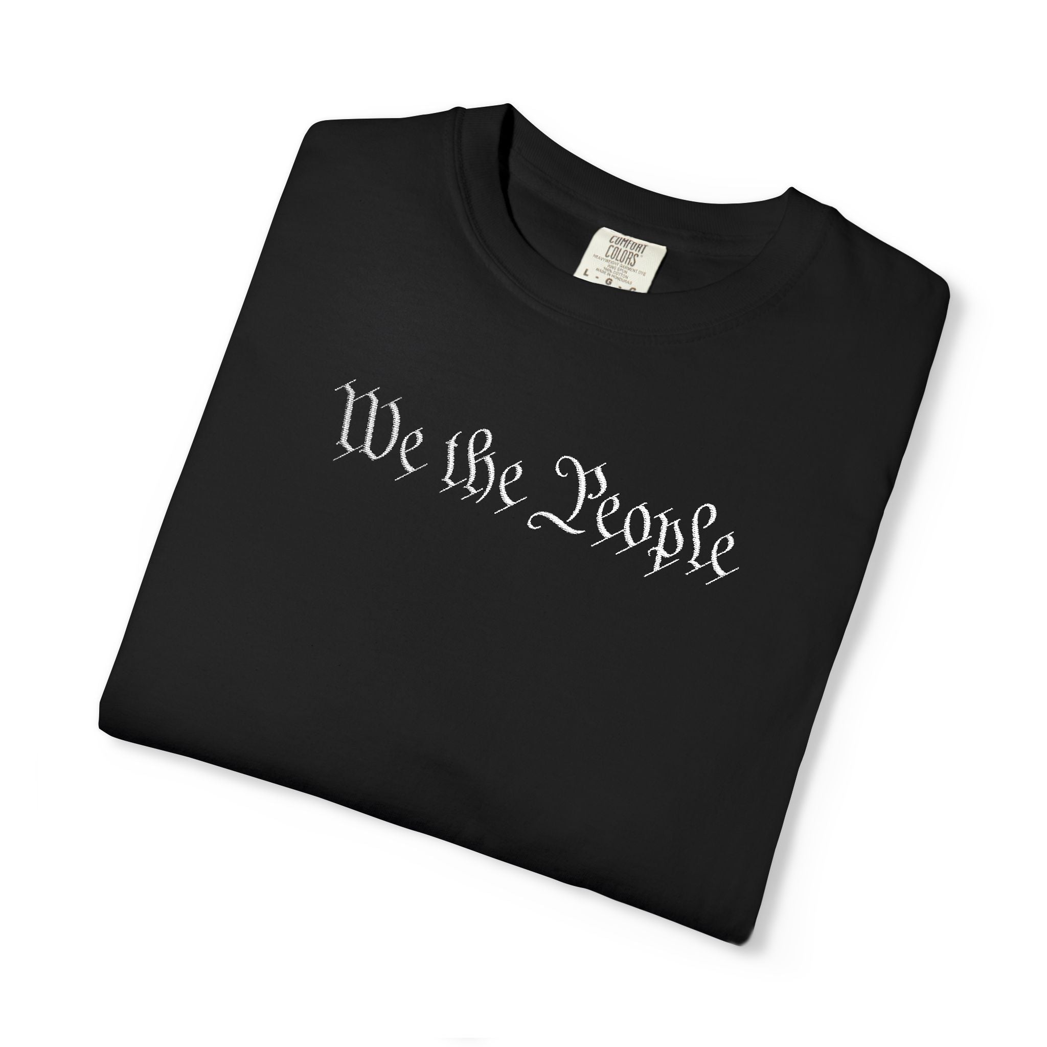We the People embroidered patriotic t-shirt in black, folded
