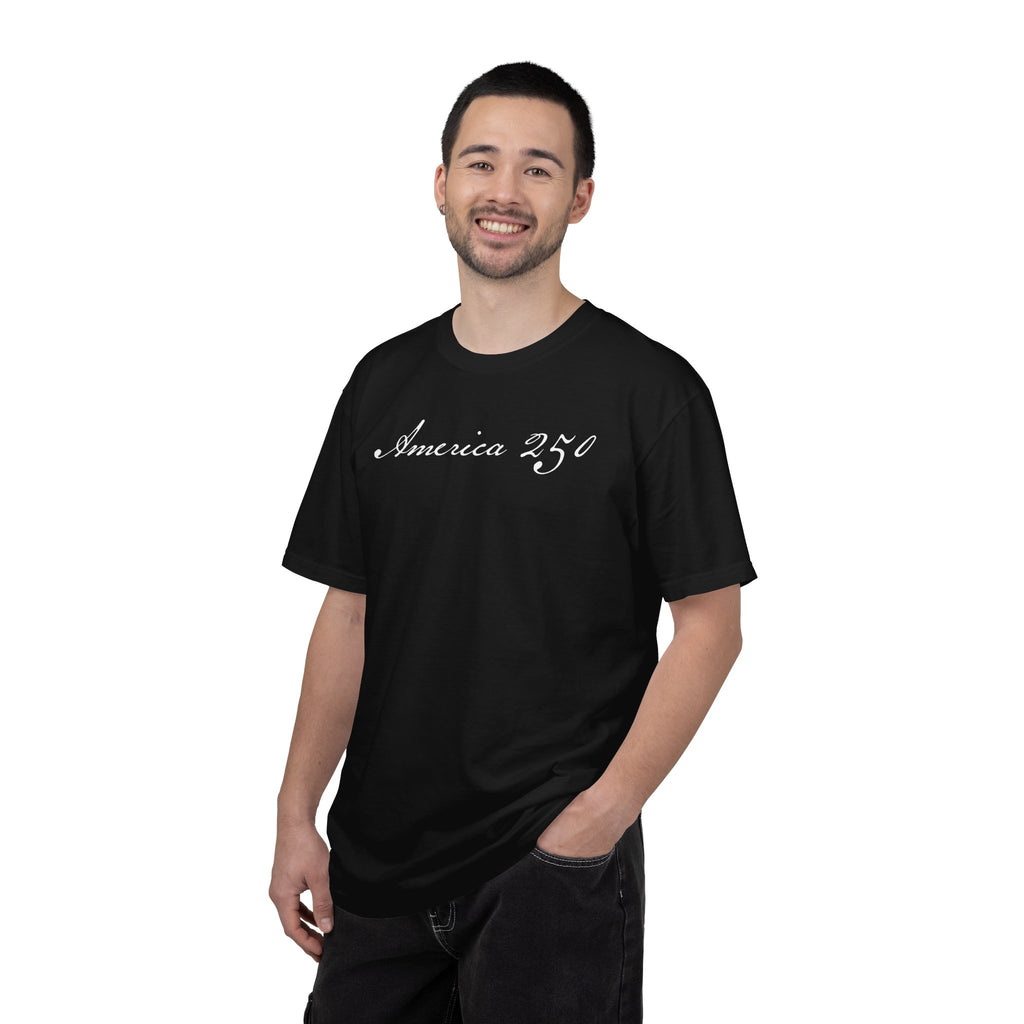 Male model wearing a black America 250 t-shirt