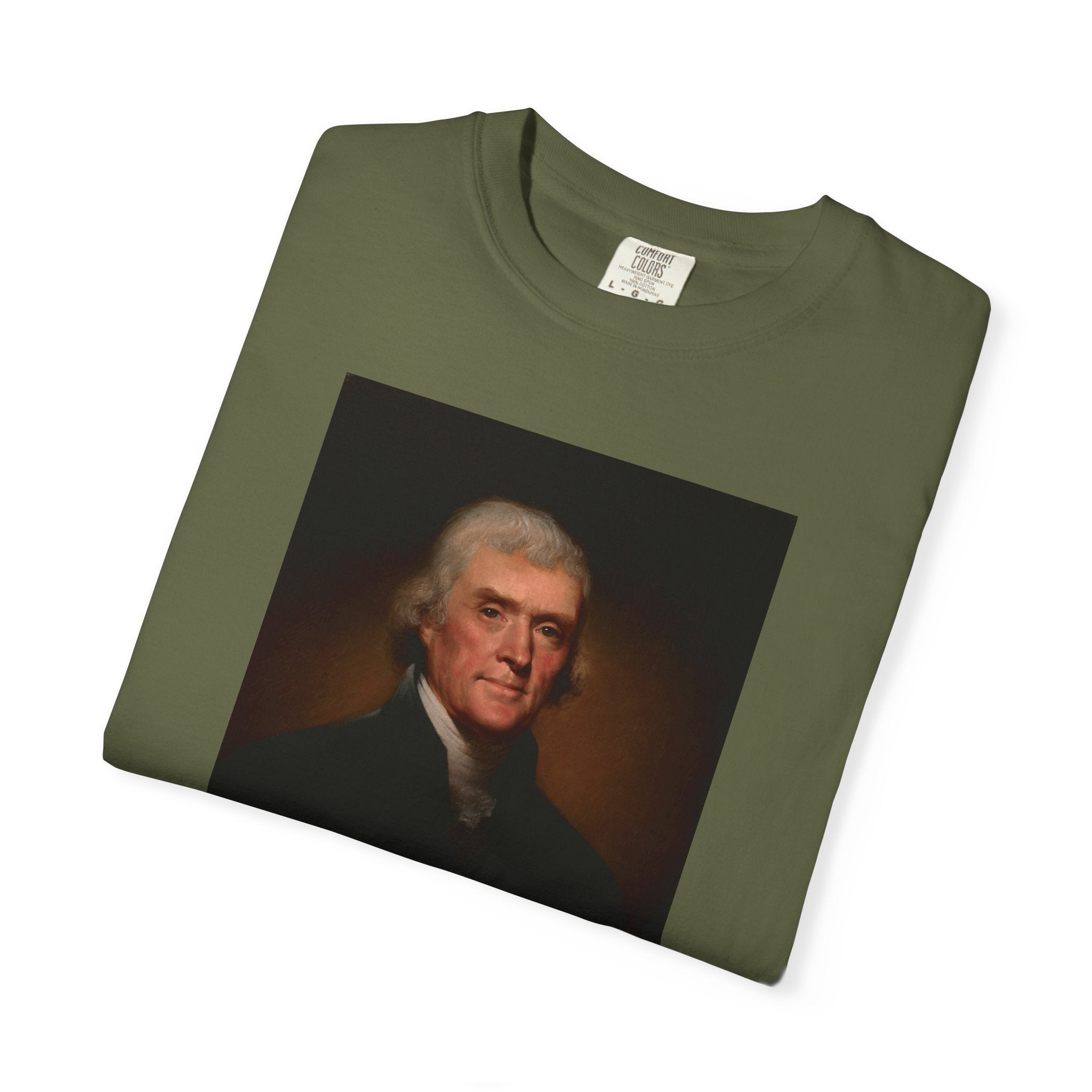 Folded Thomas Jefferson Founders Collection portrait t-shirt in hemp