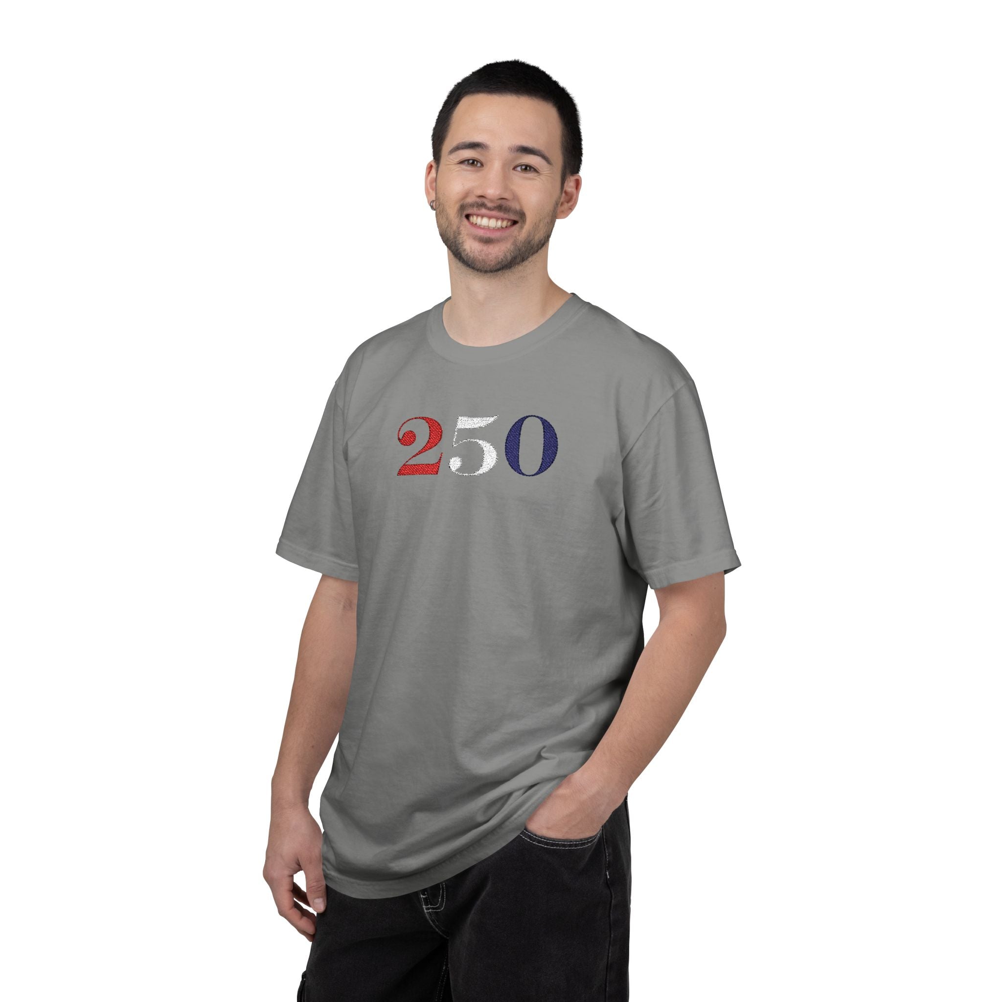 Male model wearing granite America 250 embroidered t-shirt