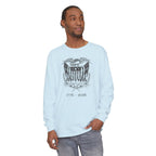 Man wearing a Chambray long sleeve United We Stand eagle t-shirt
