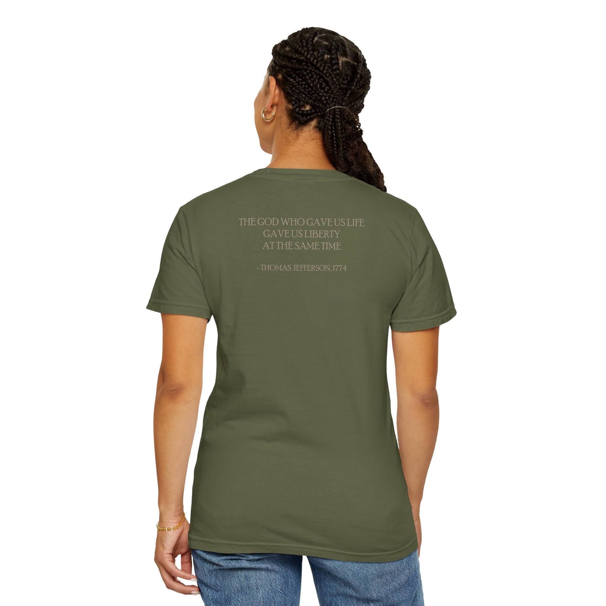 Back view of woman wearing Thomas Jefferson tee with 'God Gave Us Life Gave Us Liberty' quote, hemp