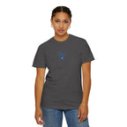 Woman wearing a Graphite Comfort Colors t-shirt with embroidered "Blessed are the Peacemakers" + dove