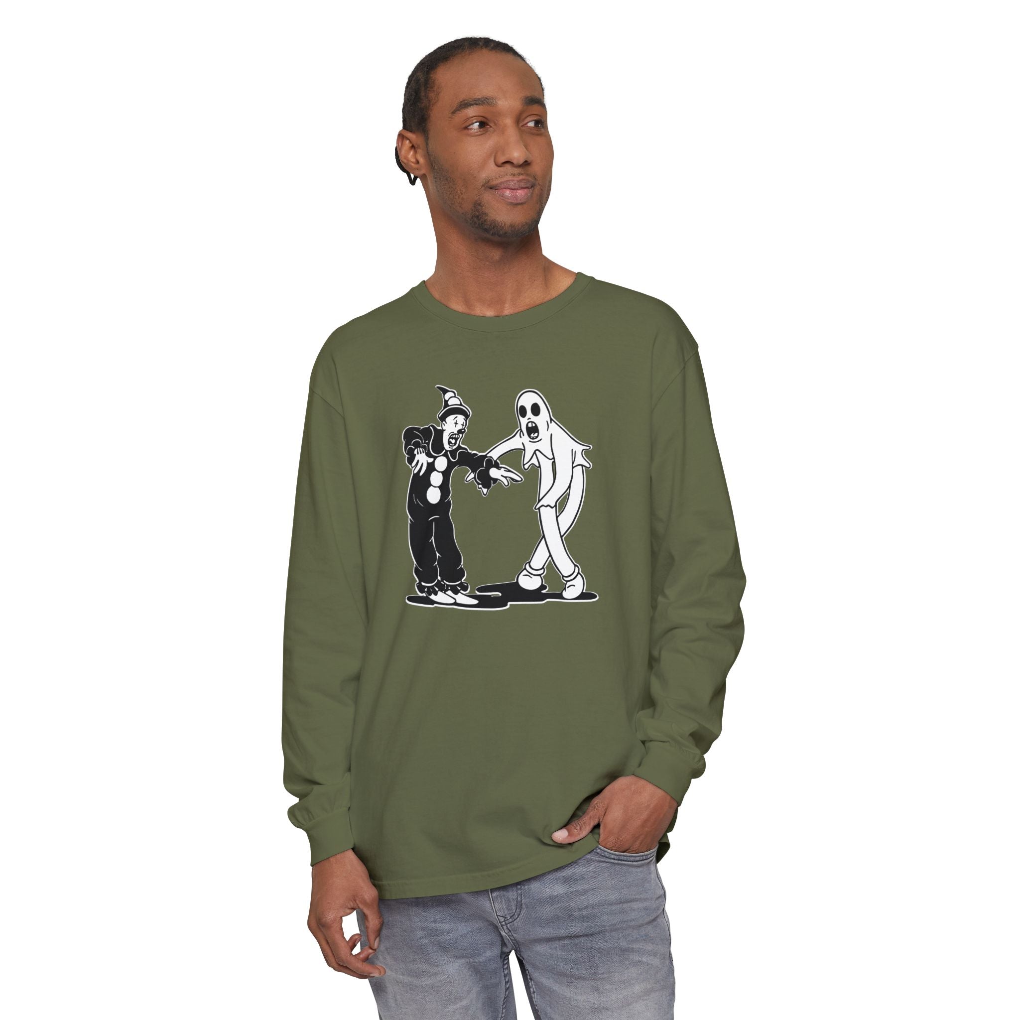 Man wearing Koko the Clown and Dancing Ghost long sleeve t-shirt in hemp