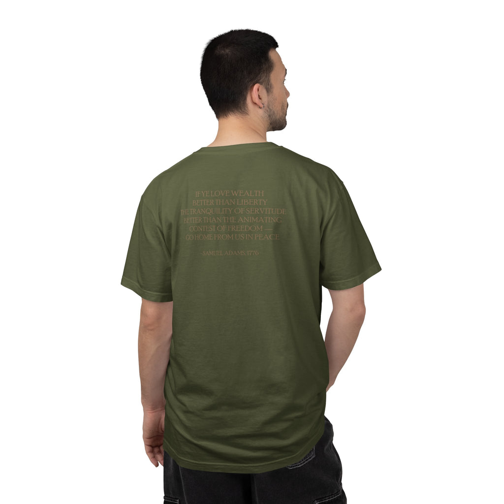 Back view man wearing Samuel Adams tee with 'If Ye Love Wealth Better Than Liberty' quote; hemp