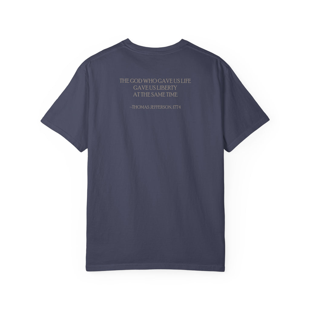 Back view of Thomas Jefferson tee with 'God Gave Us Life Gave Us Liberty' quote, denim