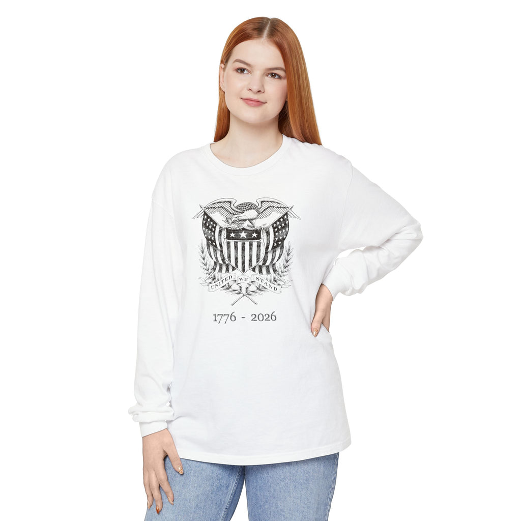 Woman wearing a White long sleeve United We Stand eagle t-shirt