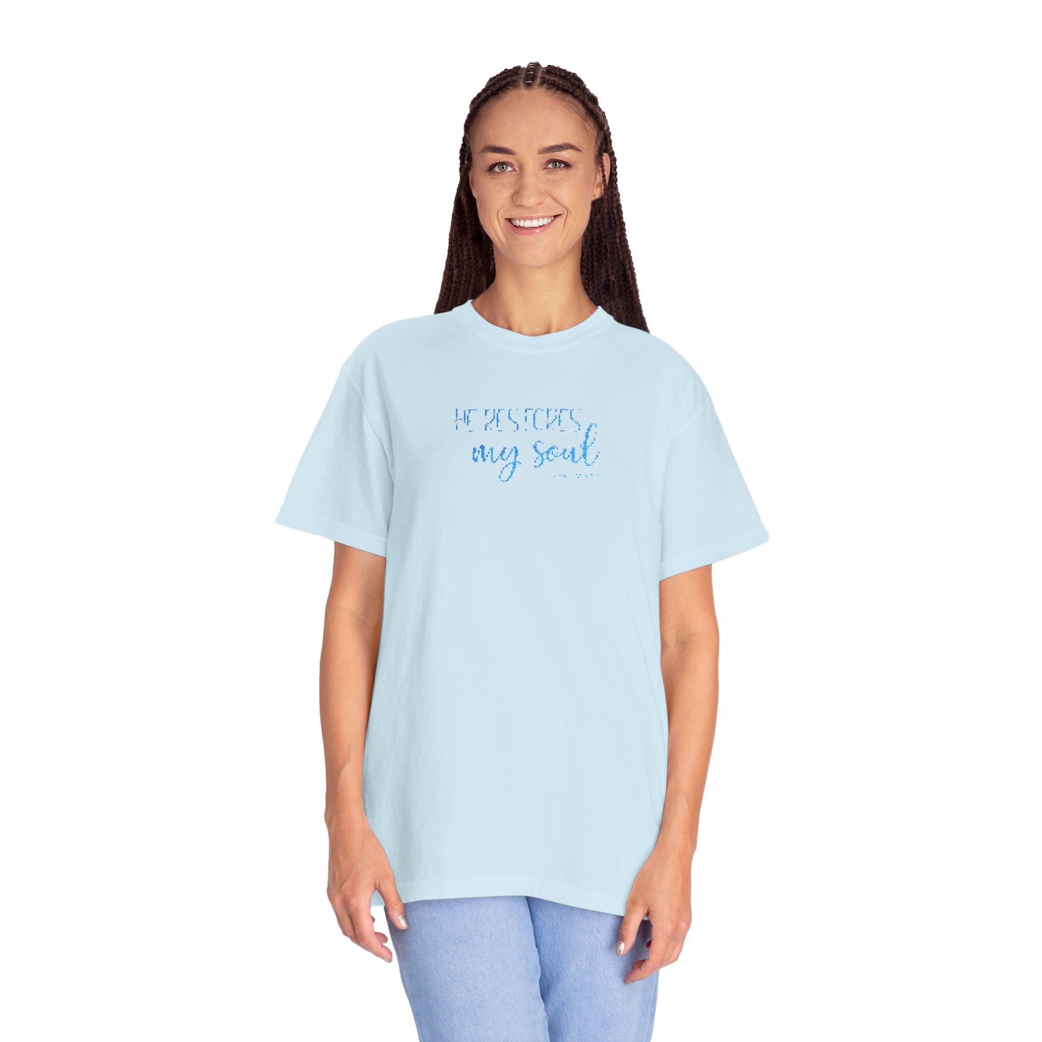 Smiling woman wearing an oversized Chambray Comfort Colors t-shirt with 'He restores my soul' embroidered in cornflower blue thread