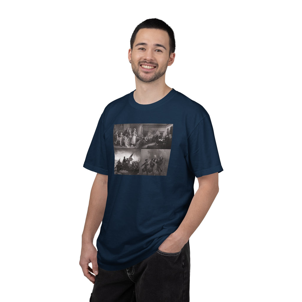Man wearing a True Navy Comfort Colors t-shirt printed with a montage of four revolutionary war era paintings