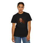 Woman wearing Thomas Jefferson portrait t-shirt, black