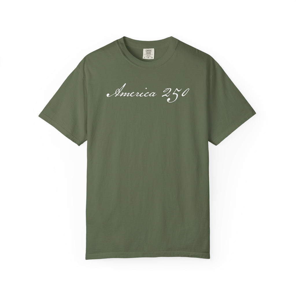 America 250 script patriotic t-shirt with  elegant script lettering in sage