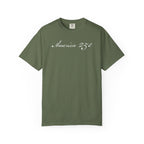 America 250 script patriotic t-shirt with  elegant script lettering in sage