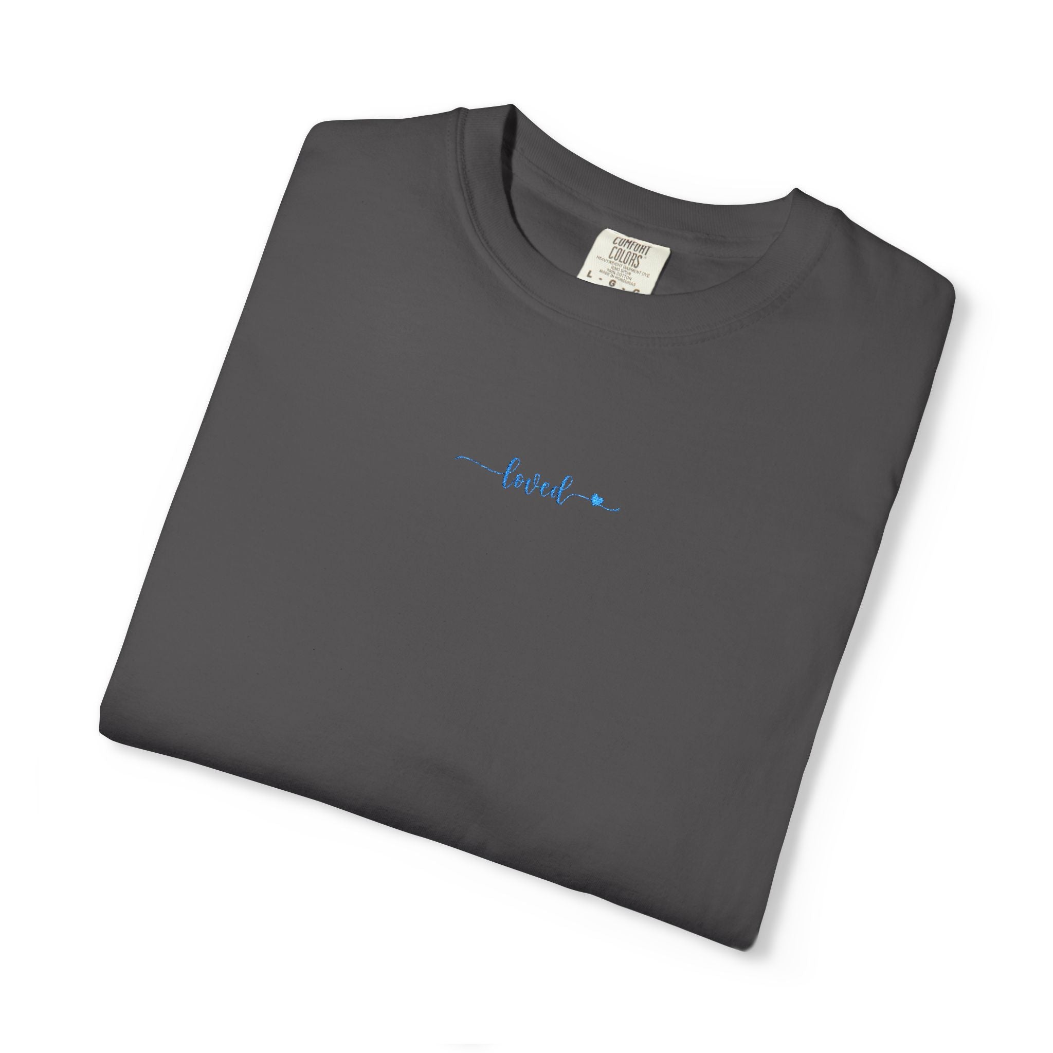 folded 'loved' embroidered t-shirt in graphite