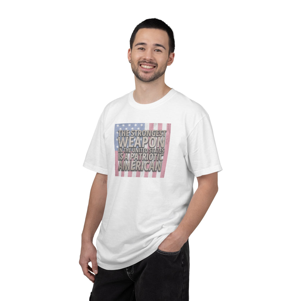 man wearing 'The Strongest Weapon in the United States is a Patriotic American' t-shirt in white