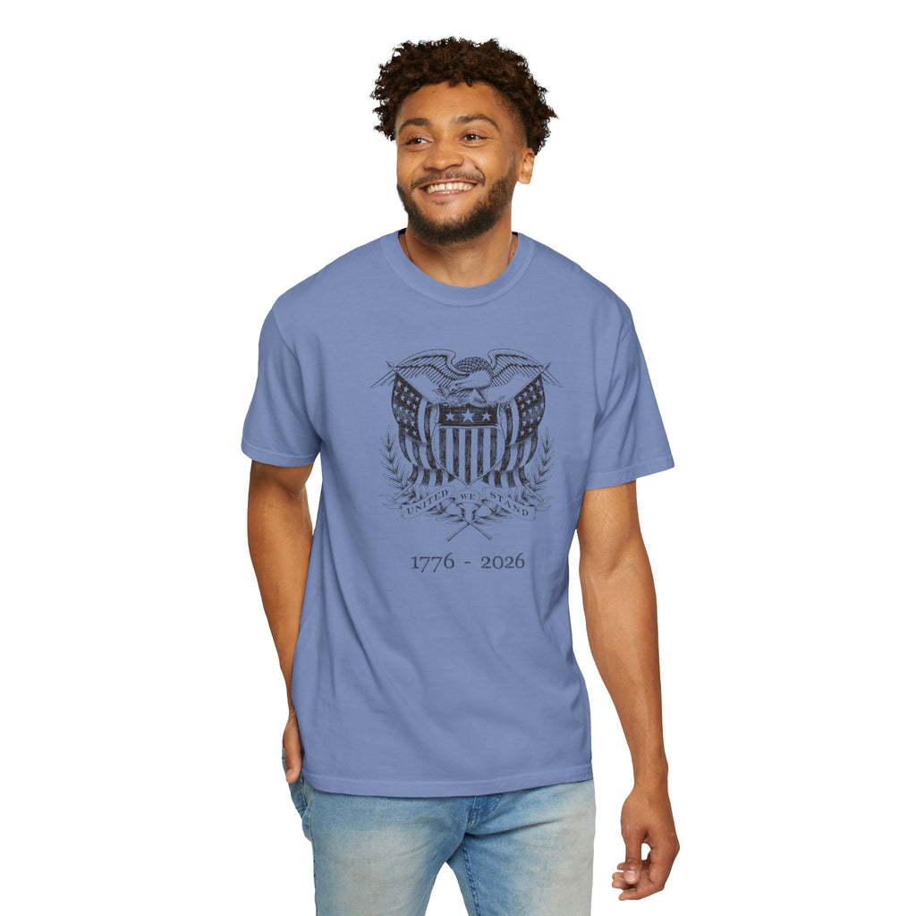 Smiling man wearing a washed denim United We Stand eagle t-shirt