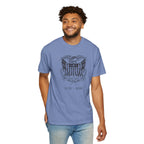Smiling man wearing a washed denim United We Stand eagle t-shirt