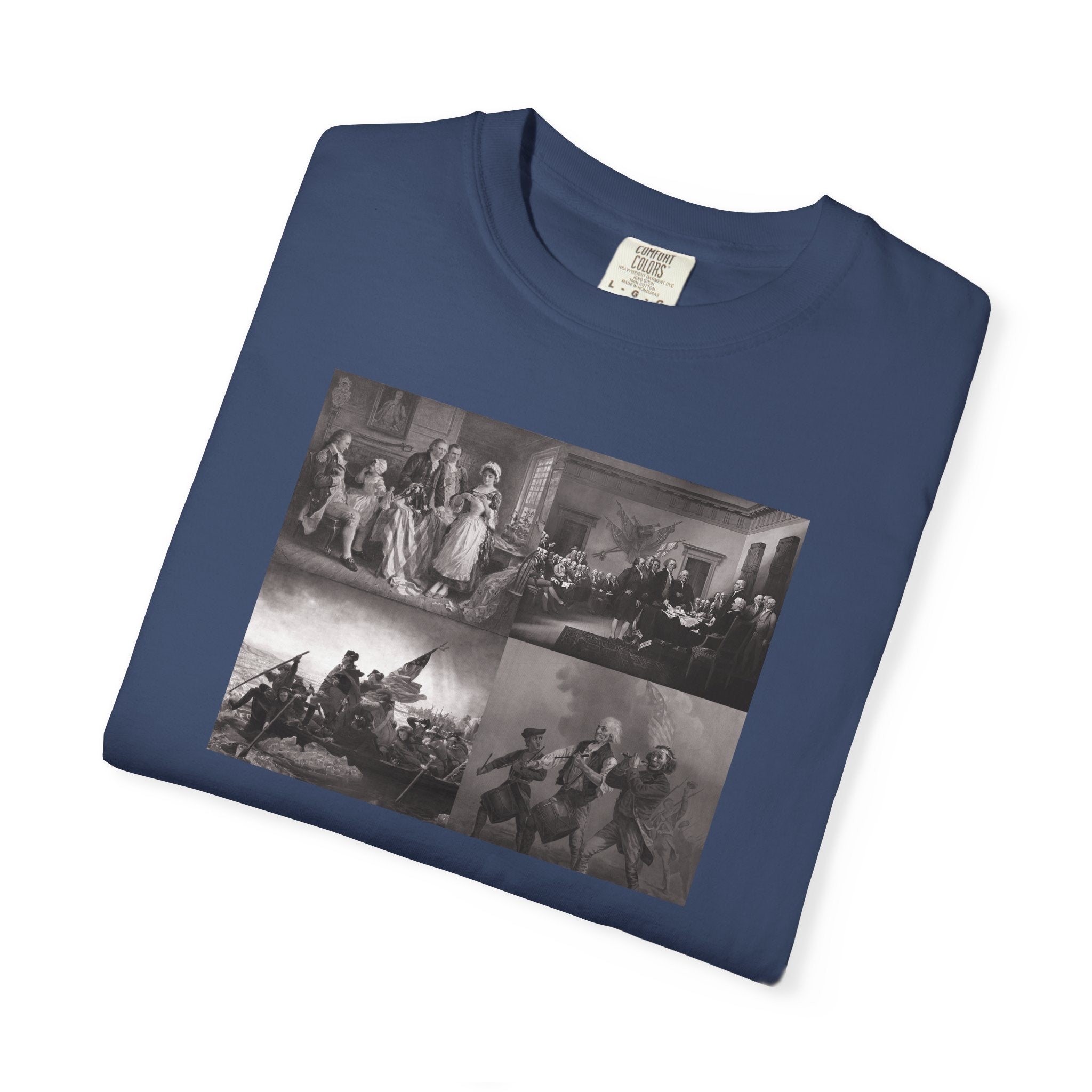 Folded China Blue Comfort Colors t-shirt printed with a montage of four revolutionary war era paintings