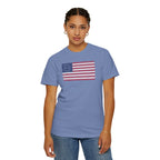 Female model wearing distressed 1776 Betsy Ross flag t-shirt in washed denim
