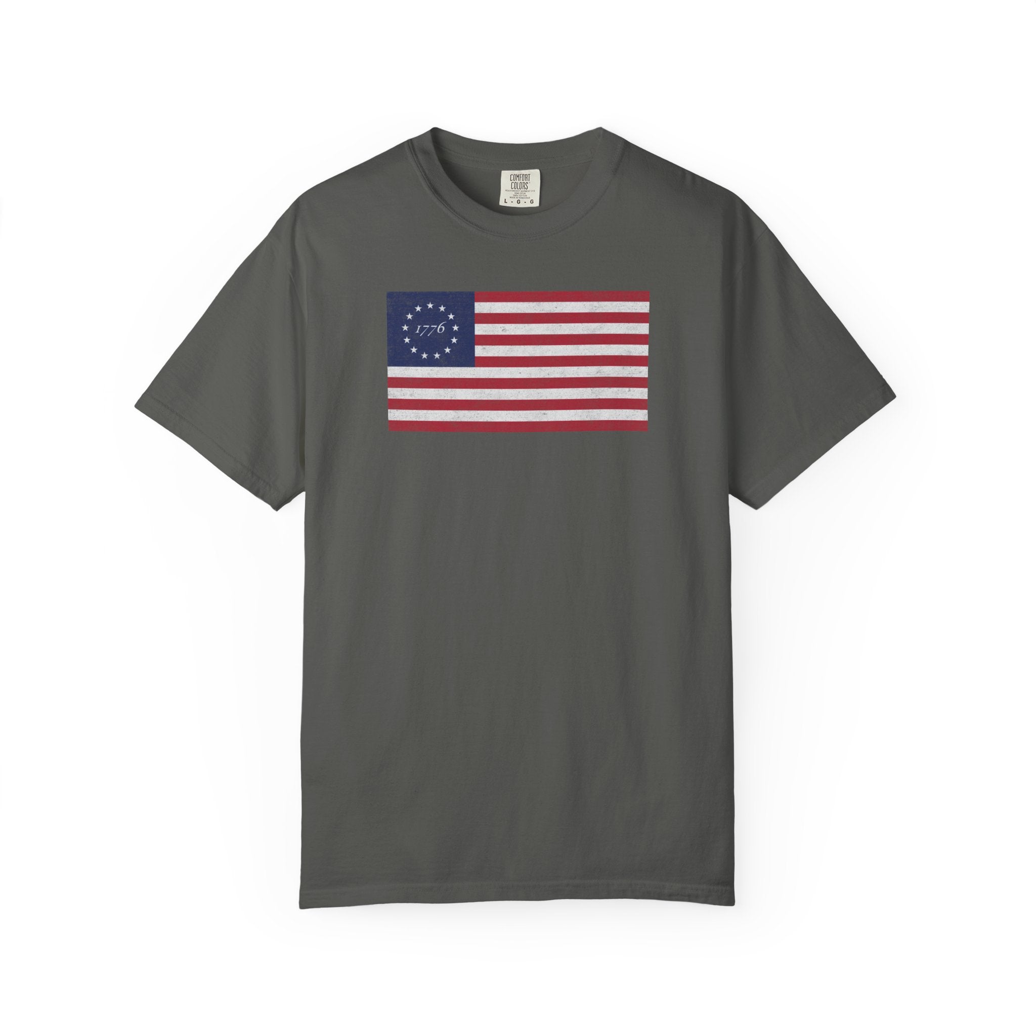Distressed Betsy Ross flag 1776 t-shirt in pepper