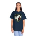 Woman wearing an oversized Ghost Army t-shirt in true navy