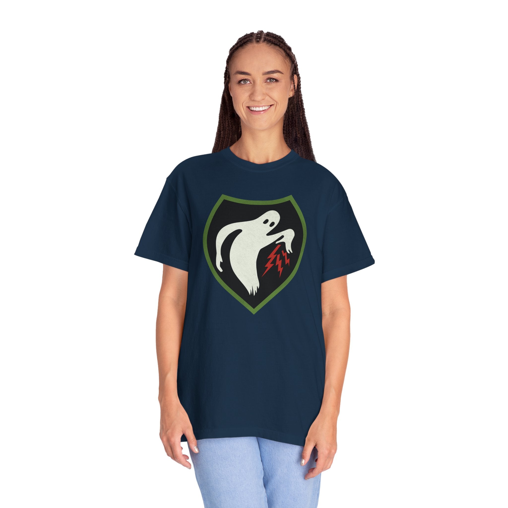 Woman wearing an oversized Ghost Army t-shirt in true navy