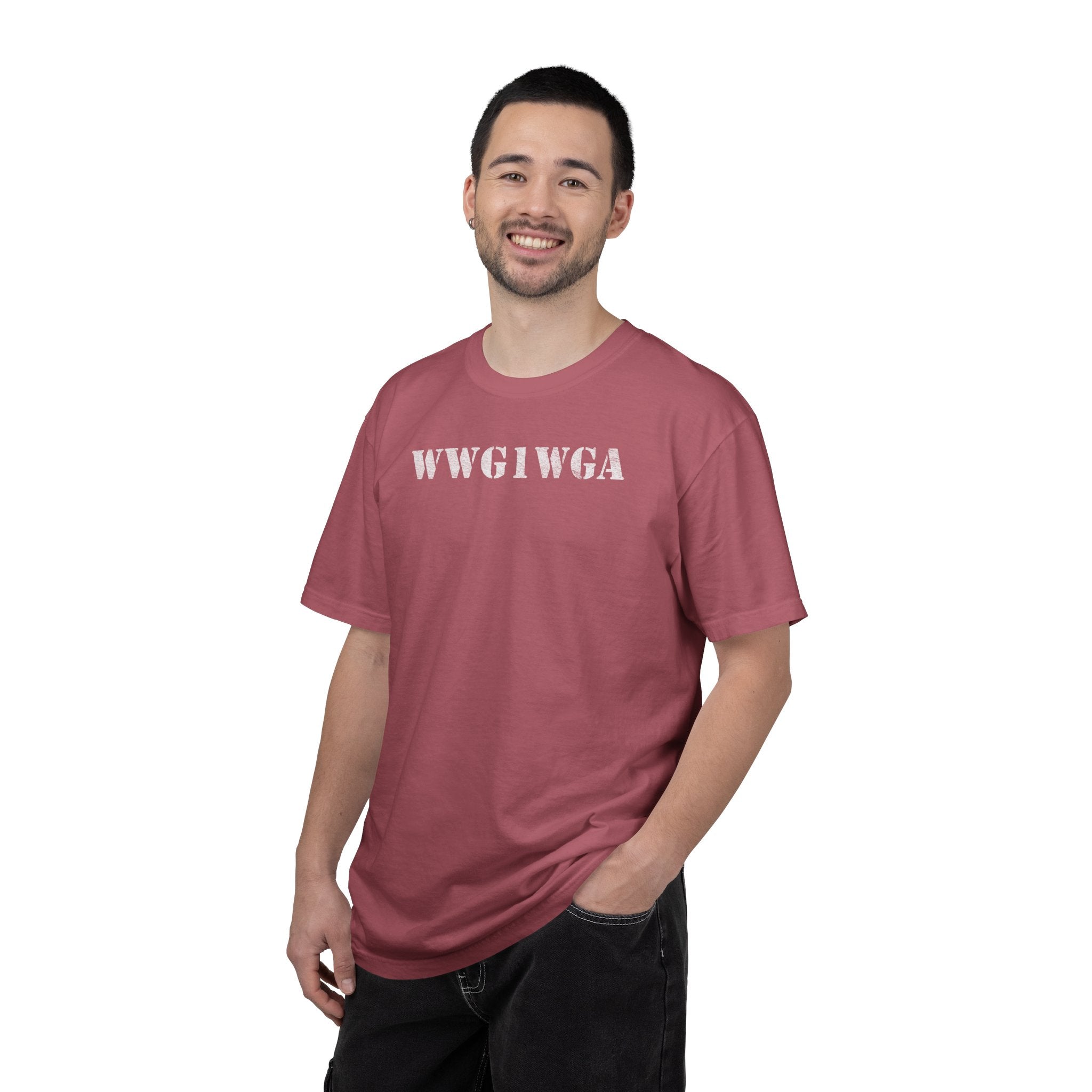 Man wearing WWG1WGA stencil t-shirt in crimson