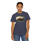 Woman wearing a Denim Comfort Colors t-shirt with print of Emanuel Leutze’s 'Washington Crossing the Delaware' with 'America's First Christmas December 25, 1776' printed below 
