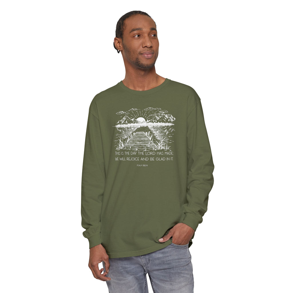 Man wearing a long-sleeve Hemp Comfort Colors t-shirt with nature graphic and Psalm 118:24