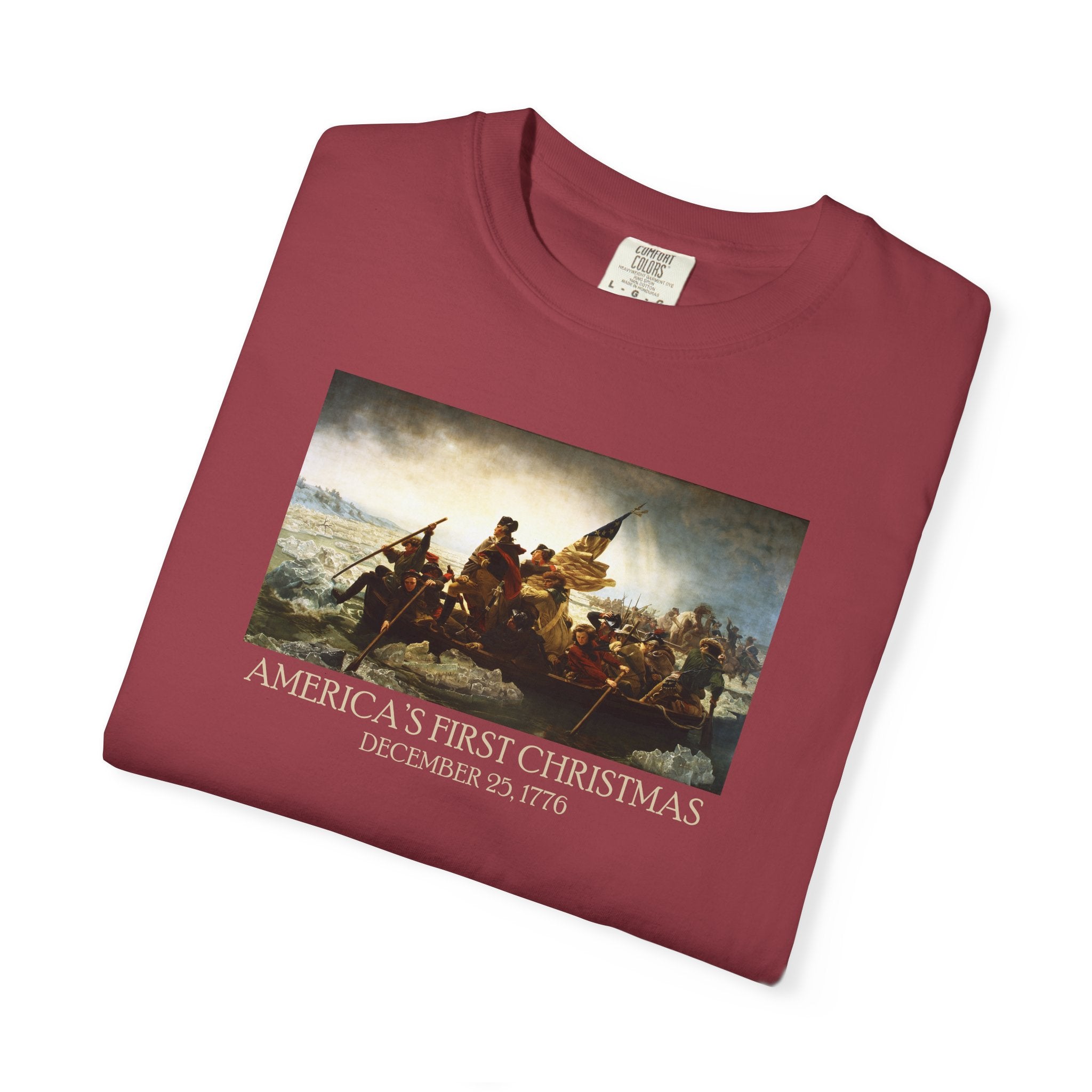 Folded America's First Christmas meme t-shirt Washington Crossing the Delaware 1776 patriotic design in chili