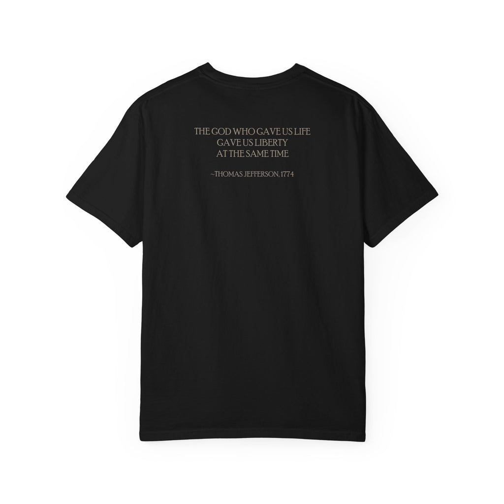 Back view of Thomas Jefferson tee with 'God Gave Us Life Gave Us Liberty' quote, black