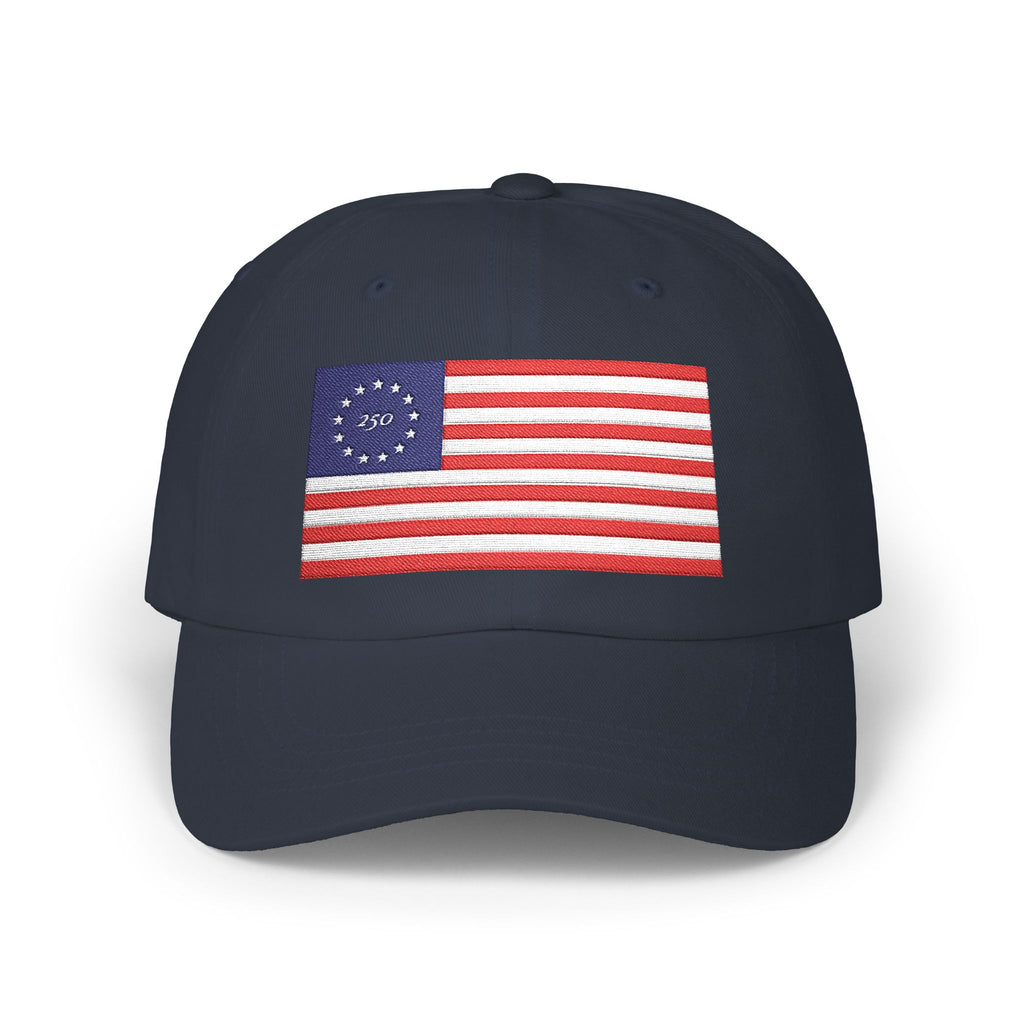Betsy Ross flag embroidered dad cap with '250' in the stars circle in navy, patriotic America 250 design