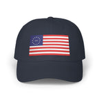 Betsy Ross flag embroidered dad cap with '250' in the stars circle in navy, patriotic America 250 design